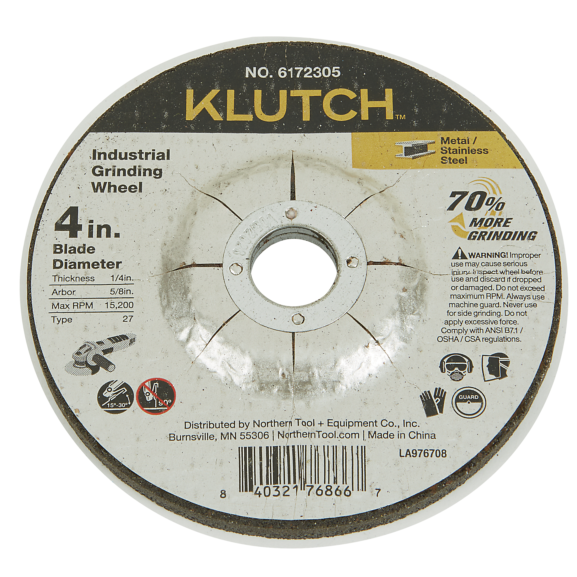 Klutch Industrial DCW Metal Grinding Wheel, 4in. x 1/4in. x 5/8in., Type 27